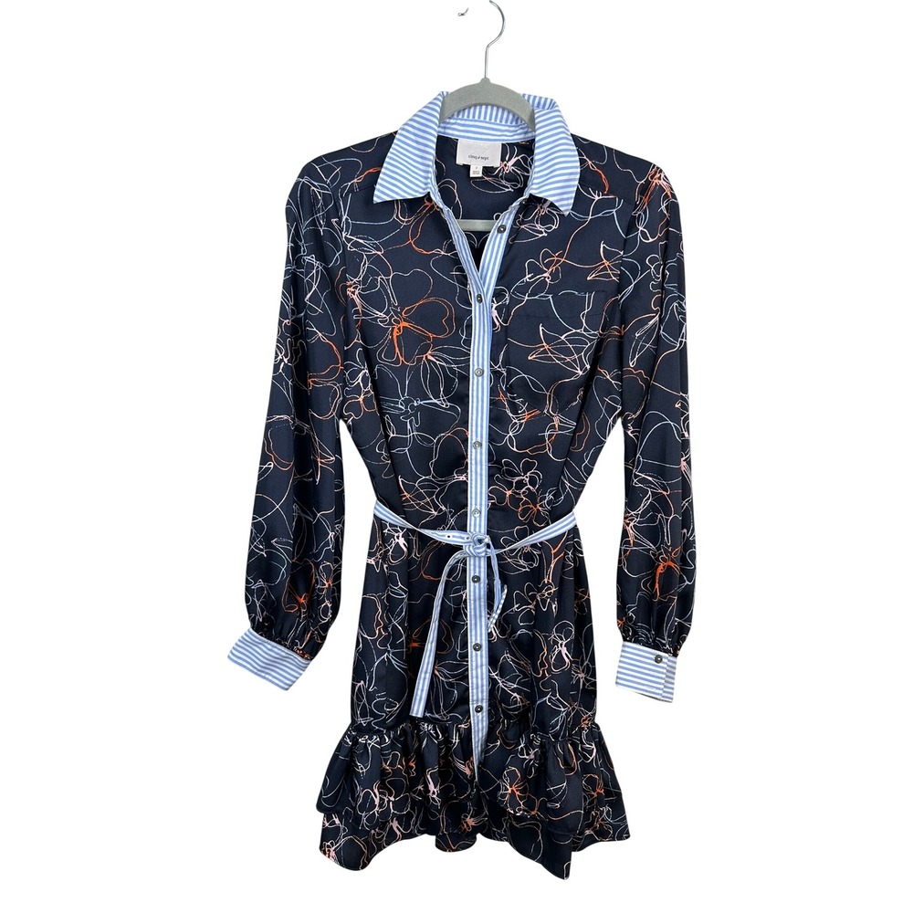 Cinq a Sept Shirt Dress Womens 2 Navy Floral Striped Very Good Ruffle Belt Waist